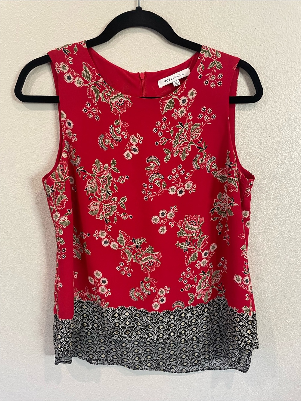 Rose & Olive Red Floral Sleeveless Top with Contrasting Hem